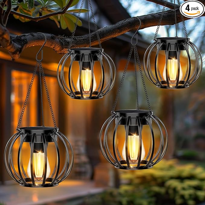 Solar Lanterns Lights Waterproof: 4 Pack Metal Hanging Outdoor Lights