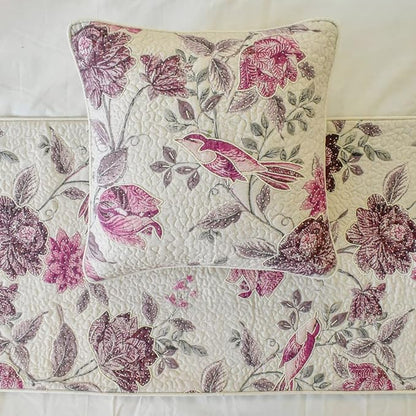 The HomeCentric King/Queen/Twin Pink Decorative Full 68"x18" Bed Runner with 2 Pillow Cover, Quilted, Printed & Pearl Embroidery Bed Scarf on Cotton Fabric - Vintage Birdie