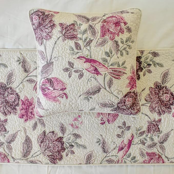 The HomeCentric King/Queen/Twin Pink Decorative CA King 86"x18" Bed Runner with 2 Pillow Cover, Quilted, Printed & Pearl Embroidery Bed Scarf on Cotton Fabric - Vintage Birdie