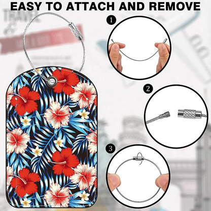 2 PCS Leather Luggage Tag for Suitcase Palm Leaves and Hibiscus Flower Travel Suitcase Labels with Privacy Name ID Label and Stainless Steel Loop for Adults Teens Travel Bag Labels Set