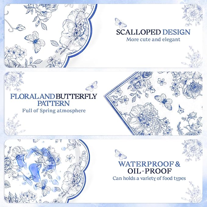 NatNarr Blue Floral Party Supplies Set