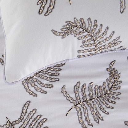 The HomeCentric White Bed Runner Without Pillow Cover, Twin Size 53"x18" Decorative Bed Runner, White Linen Bed Scarf in Fern Embroidery & Pearl - Fern Blossom