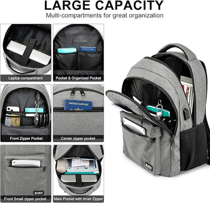 School Backpack for Teen Boys & Girls Students, 15.6 Inch Laptop Backpack with USB Charging Port - College Business Travel Bookbag, Grey