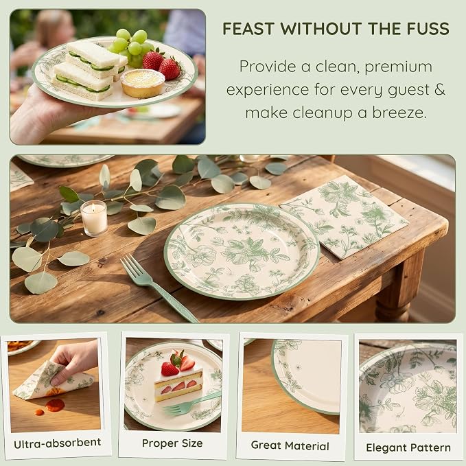 100 Pcs Disposable Sage Green Floral Tableware Set