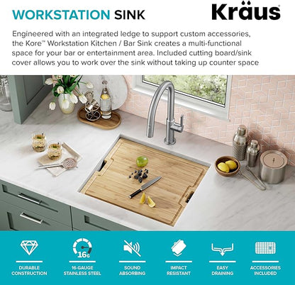 KRAUS Kore 21-Inch Undermount Workstation 16 Gauge Single Bowl Stainless Steel Kitchen Sink with Accessories, KWU111-21