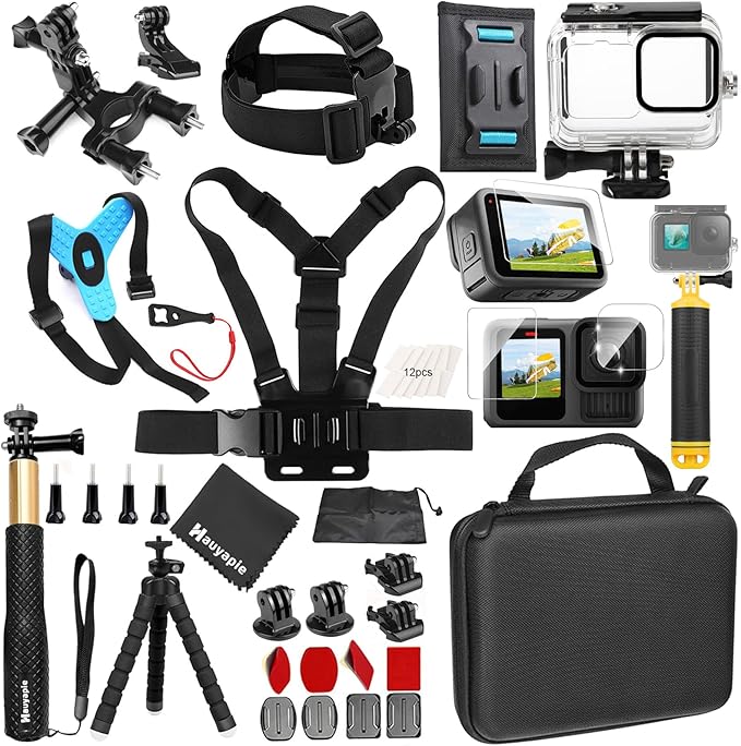 Accessories Kit for Go Pro 13 12 11 10 9 Black, 60M Waterproof Case Chest Mount Kits Glass Screen Protector Bundle Pack for Gopro Hero13 12 11 10 9 Camera