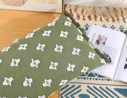 Boho Long Lumbar Pillow Cover 14x22 with Tassel,3D Flower Patterned Cotton Decorative Long Lumbar Pillow Cover Pillow Case for Sofa Couch Bed Livingroom Farmhouse,Sage Green