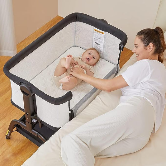 BabyBond Baby Bassinet, 3 in 1 Bassinet Bedside Sleeper with Washable Soft Mattress and Sheet, 6 Height Adjustable Bedside Crib, 4-Sided Mesh Bedside Bassinet for Baby
