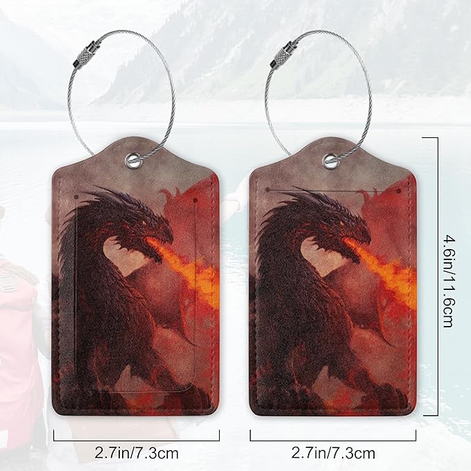 2Pcs Luggage Tag for Suitcase Trippy Fire Dragon Cute Suitcase Tag with Privacy Flap & Name ID Label & Metal Loop, Travel Bag Luggage Tags for Women