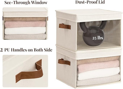 StorageWorks Storage Bins with Lid and Clear Window, Fabric Storage Boxes with Lids, Stackable Basket for Shelves, Closet Organizer and Storage Bins, Beige, Large, 4-Pack