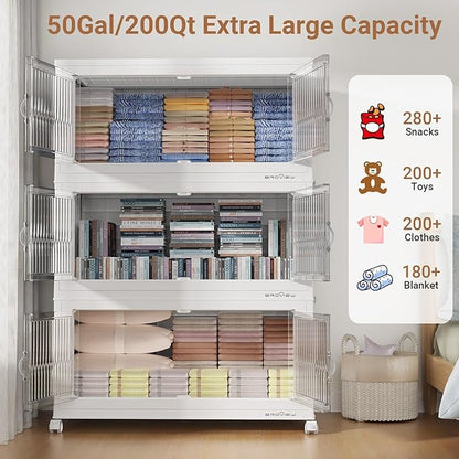 BROVIEW 600Qt Extra Large Stackable Storage Bins with Lid, Closet Organizer Collapsible Drawer Boxes with Wheels, Folding Plastic Cabinet Containers for Home Kitchen Room Organization, 3Pack White