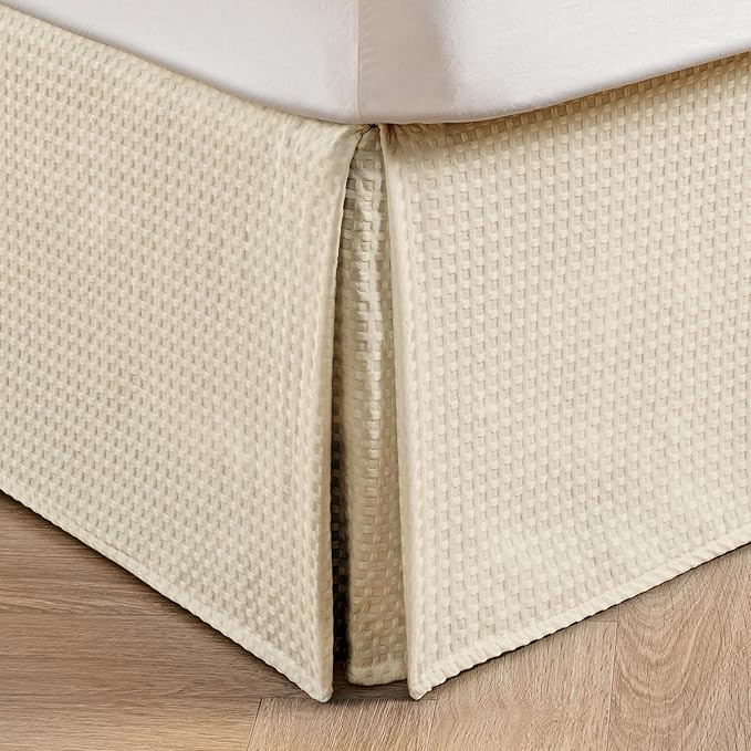 MIYE Pleated Waffle Weave Bed Skirt, Tailored Dust Ruffle 12 Inch Drop Easy Fit, Machine Washable,No Split Corners(Light Beige, Cal King - 12" Drop)