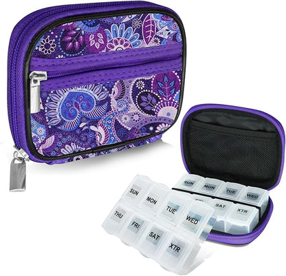 Serfeymi Weekly Travel Pill Organizer Pill Case for Purse with Removable 7 Day Pill Box, Fashionable Travel Medicine Organizer Pill Container for Medicine, Vitamin, Supplement - Purple 01 + Pill Box