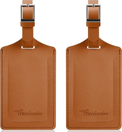 Travelambo Luggage Tags for Suitcases Faux Leather Privacy Protection 2 Pack Bag Tags Travel Accessories Essential, Yellowish Brown