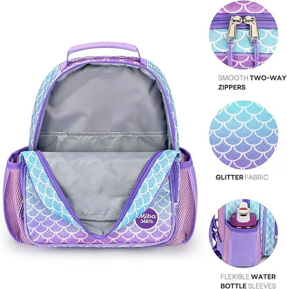 mibasies Toddler Backpack for Girls 2-4: Glitter Kids Backpacks for Girls - Preschool Kindergarten Backpack - Fish Scale Purple