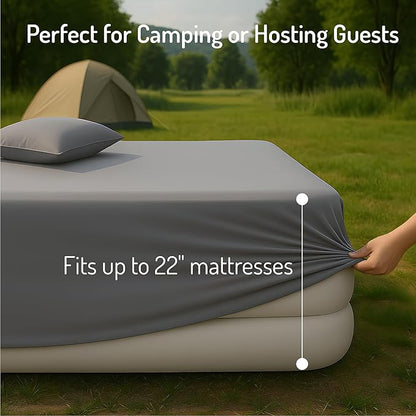 Degrees of Comfort King Sheet Set for Air Mattress – Extra Deep Pocket Fitted Sheet up to 22”, 4-Piece Bedding Sets with Dual Side Storage Pockets, Soft Breathable, Wrinkle-Resistant, Grey