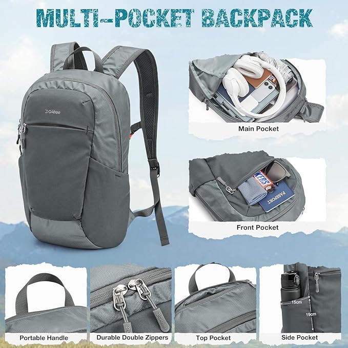 G4Free Packable Hiking Backpack 20L Lightweight Foldable Travel Daypack with Thickened Back Panel for Men Women(Grey)