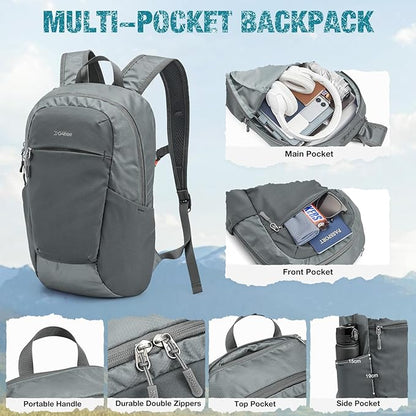G4Free Packable Hiking Backpack 20L Lightweight Foldable Travel Daypack with Thickened Back Panel for Men Women(Grey)