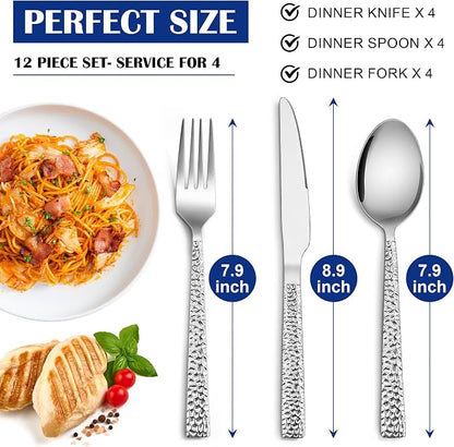 E-far 12-Piece Hammered Silverware Set, Stainless Steel Flatware Set