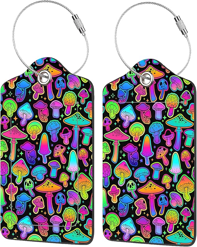 2 Pack Luggage Tags for Suitcases,Colorful Mushrooms Luggage Tag,PU Leather Id Label Luggage Tags with Stainless Steel Loop and Privacy Cover for Women Men Teens Travel