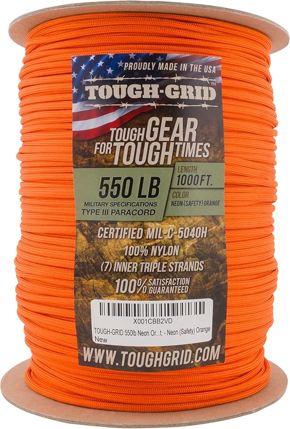 TOUGH-GRID 550 Paracord Rope Nylon Parachute Cord, Made in USA Survival Kit, Outdoor Adventures, Camping, Tactical Gear & Emergency Supplies, Military Type III Mil-Spec