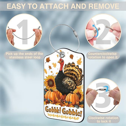 2 Pack Autumn Turkey and Pumpkin Luggage Tags for Suitcases Sunflower Leather Luggage Tags Privacy Cover ID Label with Stainless Steel Loop and Address Card for Women Men Travel Bag Backpack
