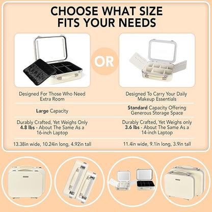 Lighted Makeup Case with Mirror - Large Size 13.4" x 10.2" - Travel Makeup Case With Mirror - Rechargeable LED Travel Vanity Case with Adjustable Brightness - Train Case Makeup Bag - White