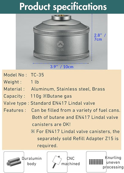 CAMPINGMOON Replacement Empty Refillable Gas Fuel Cylinder Standard for Backpacking Camping Stove EN417 Lindal Valve 110g TC-35