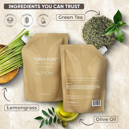 Terra Pure Spa Collection 1 Liter Lotion Refill Bag For Soap Dispensers | Bulk Toiletries for Vacation Rentals, and Home Bathroom Showers | Green Tea Lemongrass | Single