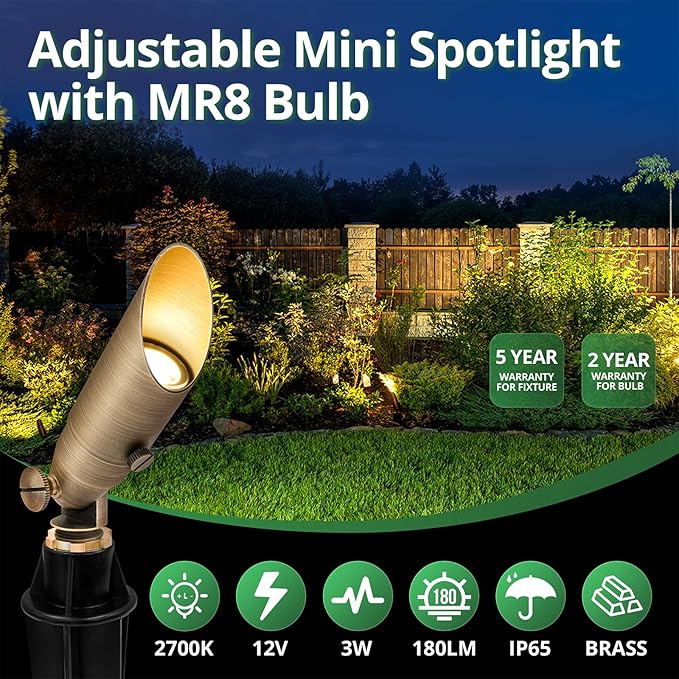 GKOLED Low Voltage Solid Brass LED Spotlight, Outdoor Waterproof Landscape