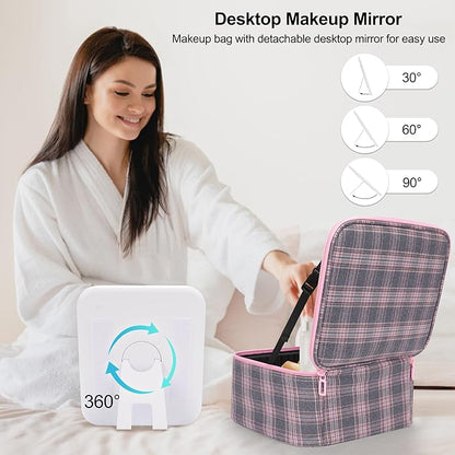 Makeup Bag With LED Mirror, Travel Makeup Case with Light up Mirror Large Cosmetic Case with 3 Color Lighted Portable Organizer Bag with Adjustable Dividers(Pink/Grey Stripes-Canvas, Small)