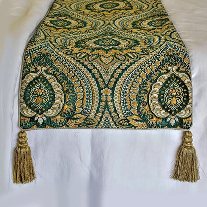 The HomeCentric King/Queen/Twin Green Designer King 90"x18" Bed Runner Without Pillow Cover, Damask, Tassels & Tapestry Bed Scarf on Jacquard Fabric - Damask Tapestry