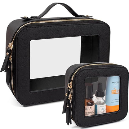 LETGO Clear Makeup Bags Set - TSA Approved Toiletry Bag with Handle Large Opening, Clear Toiletry Bags Case Pouch for Traveling Travel Car Orangizer Storage Essentials (Mini+Large Black)