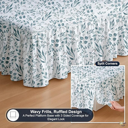 Cottington Lane Ruffled Bed Skirt King Size with Split Corner, Brushed Microfiber Hotel Quality Dust Ruffle, 24" Drop Gathered Bedskirt, Soft, Stylish, Shrink & Fade Resistant, Tranquil Green Petals