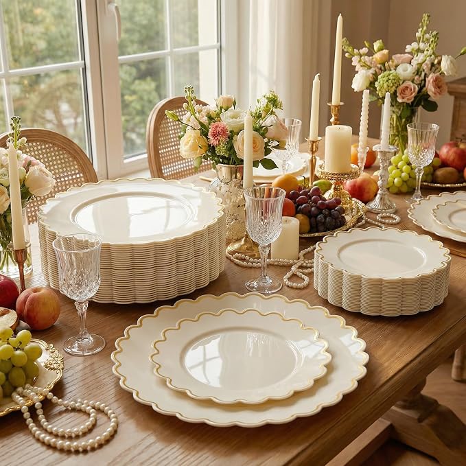 LIYH 100 Pcs Heavy Duty Ivory Gold Plastic Plates