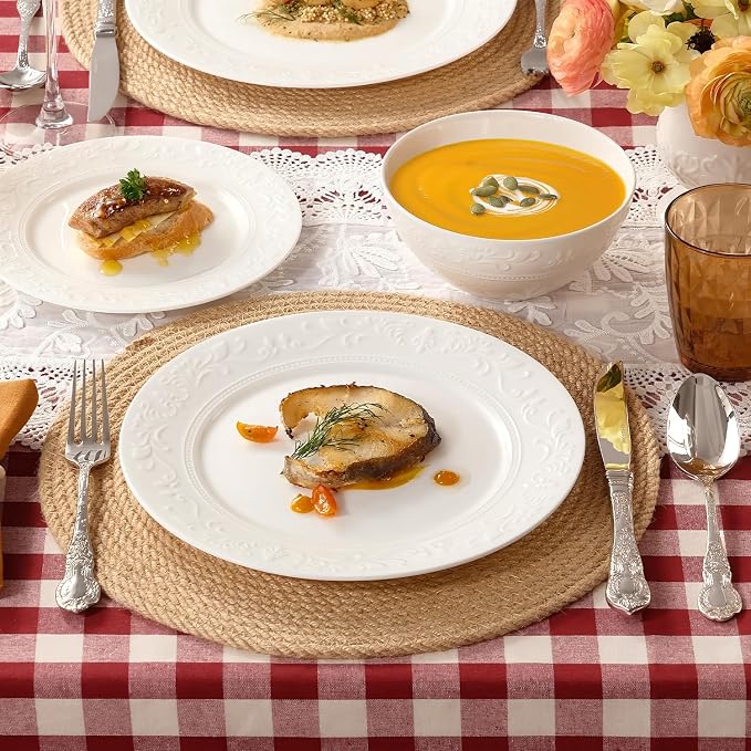 12Pcs Vintage Relief White Bone China Set, Service