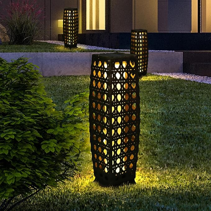 Solar Floor Lamp, Outdoor Floor Lamp Lanterns Outdoor Waterproof, Solar Powered Resin Wicker Lamp, Weather-Resistant Rattan Deck Light for Porch, Garden, Patio