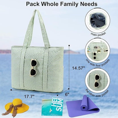 LEDAOU Beach Bags for Women, Beach Bags Waterproof Sandproof, Packable Beach Tote Bag with Zipper Travel Sports
