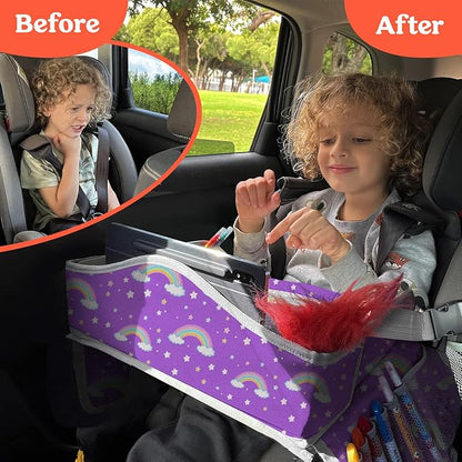 PILLANI Kids Travel Tray for Car - Car Seat Tray for Kids Travel, Road Trip Essentials Must Haves - Carseat Table Roadtrip Activities - Toddler Lap Desk Organizer for Airplane - Kids Travel Essentials