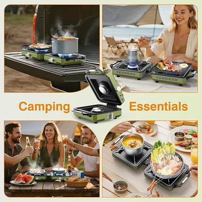 ODSD 2 Burner Camping Stove with Windshield, 20000 BTU Propane Camp Stove, Portable Folding Gas Stove, Camping Essentials Gears Includes Frying Pan, Coffee Stand & Carry Bag, Green