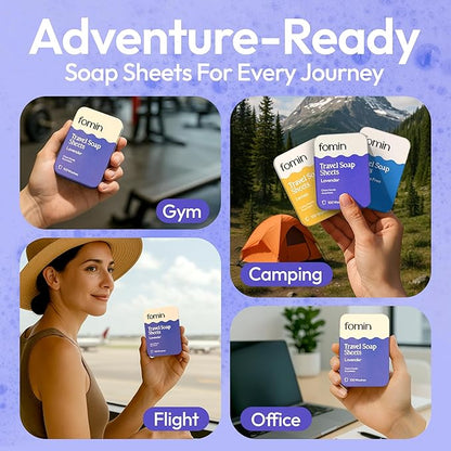 FOMIN - Antibacterial Paper Soap Sheets Tin for Traveling - (300 Sheets) Variety Pack (Unscented, Lemon, Lavender) Portable Travel Hand Soap Sheet, Dissolvable Mini Camping Hand Soap for Hand Washing