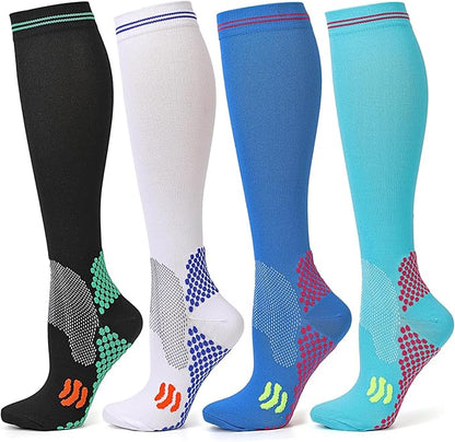 Kickticks 4 Pairs Compression Socks for Woman & Man Unisex 20-30mmHg Knee high Plus Size Wide Calves for Flying Running…
