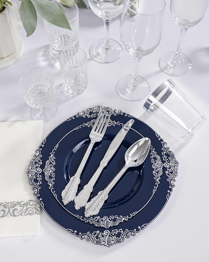 175pcs Blue and Silver Plastic Plates