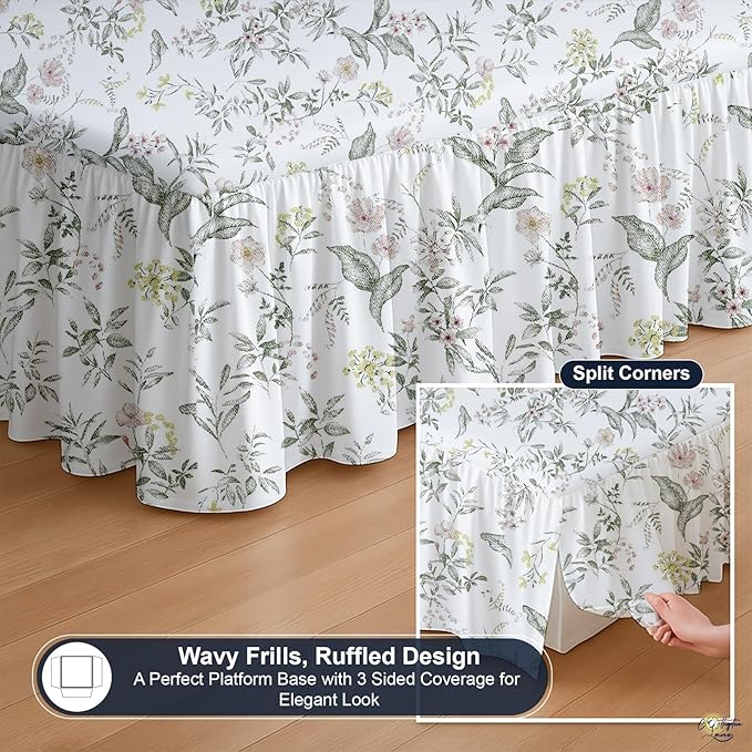 Cottington Lane Ruffled Bed Skirt Queen Size with Split Corner, Brushed Microfiber Hotel Quality Dust Ruffle, 21 Inch Drop Gathered Bedskirt, Soft, Stylish, Shrink & Fade Resistant, Morning Petals