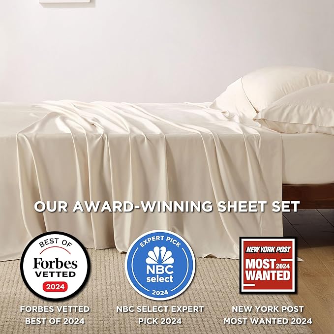 Bedsure California King Sheet Sets, Cooling Sheets, Rayon Derived from Bamboo, Breathable & Soft, Deep Pocket Up to 16 Inches, Hotel Luxury Silky Bedding for Hot Sleepers, Light Beige