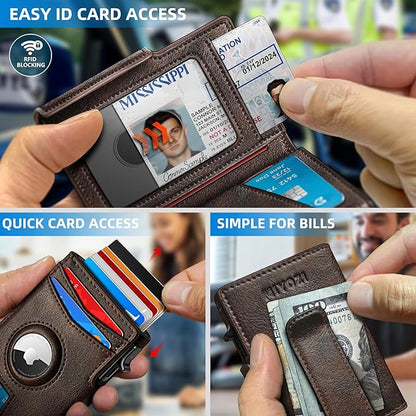 Airtag Wallet for Men,with Money Clip 10 Cards Metal Case Smart Slim Pop Up Credit Card Holder Flip with Magnetic Closure RFID Blocking wallet with Gift Box