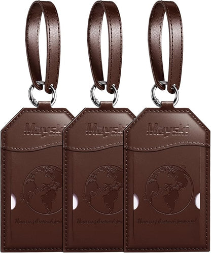 Mayski Luggage Tags for Suitcases 3 Pack Suitcase Bag Tags, TSA Approved, Metal Buckle, Bag Tags with Name ID Card Travel Essentials, Brown Global