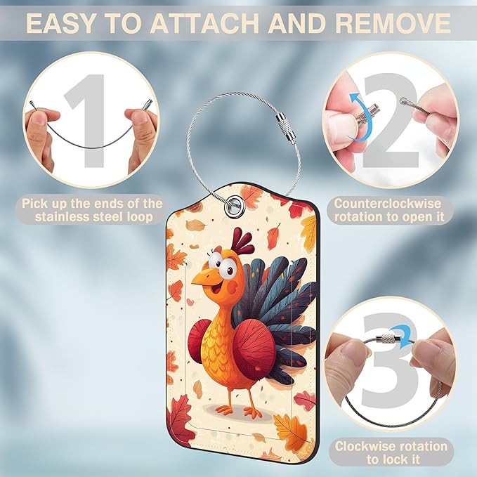 2 Pcs Thanksgiving Turkey Luggage Tags for Suitcases Autumn Fallen Leaves PU Leather Baggage Tags Name ID Label with Privacy Cover and Stainless Steel Loop for Men Women Travel Bag Suitcase