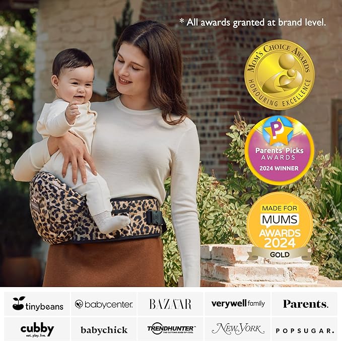 Momcozy Hip Seat Baby Carrier - Adjustable Waistband with Original 3D Belly Protector, Ergonomic Carrier with Various Pockets for Newborns & Toddlers up to 45lbs (Leopard, Medium)