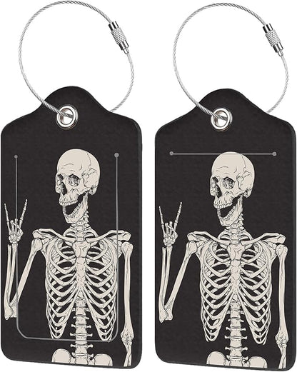 2 Pack Luggage Tag for Suitcase,Human Skeleton PU Leather Suitcase Tags Identifiers with Privacy Name Address Labels and Durable Steel Loop for Women Men Travel